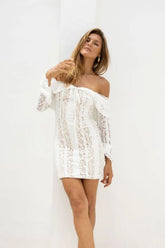 Rose Long Sleeve Bodycon Mini Dress White Pearl