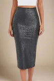 High Waist Leather Pencil Skirt Midi Length Metallic Black