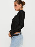 Set For Life Foldover Detail Long Sleeve Top Black White Pinstripe