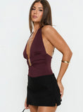 Leave Me Alone Plunge Halter Bodysuit Burgundy