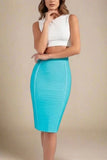 Pencil High Waist Bandage Knee Length Knitted Skirt Turquoise Blue