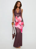 Raleina Halter Cowl Neck Maxi Dress Brown Floral