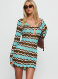 Suka Long Sleeve Knit Mini Dress Brown Blue