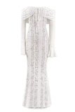 Rose Long Sleeve Bodycon Maxi Dress White Pearl