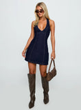 Say Goodnight Denim Halter Mini Dress Mid Wash