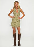 Mysterie Halter Mini Dress Green Floral