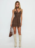 Love Unknown Scarf Tie Mini Dress Brown Check