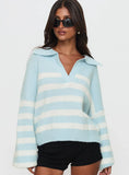 Carolena Long Sleeve Collared Knit Sweater Blue White Stripe