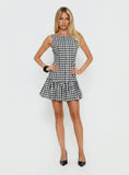 Kolbie Boat Neck Frill Mini Dress Black White Check
