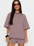 Settle Down Short Sleeve Top Pink / Brown Stripe