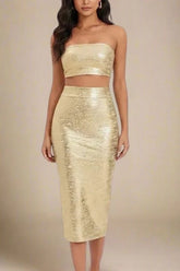 High Waist Leather Pencil Skirt Midi Length Gold