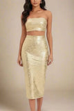 High Waist Leather Pencil Skirt Midi Length Gold