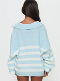 Carolena Long Sleeve Collared Knit Sweater Blue White Stripe