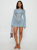 Rain Music Long Sleeve Beaded Knit Mini Dress Blue