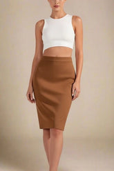 Pencil High Waist Bandage Knee Length Skirt Tan Brown