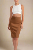 Pencil High Waist Bandage Knee Length Skirt Tan Brown