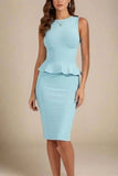 Leni Bandage Top and Knee Length Skirt Set Sky Blue