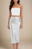 High Waist Leather Pencil Skirt Midi Length Metallic Silver