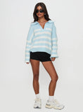 Carolena Long Sleeve Collared Knit Sweater Blue White Stripe