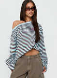 Settle Down One Shoulder Long Sleeve Top Chocolate / Blue Stripe