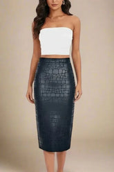 High Waist Leather Pencil Skirt Midi Length Crocodile Black