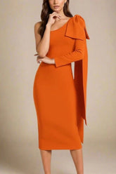 Lela Long Sleeve Bandage Midi Dress Apricot Orange Sale