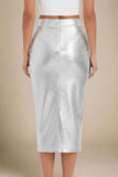 High Waist Leather Pencil Skirt Midi Length Metallic Silver