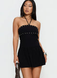 Nidia Eyelet Tie Neck Playsuit Black