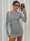 Journi Off Shoulder Long Sleeve Mini Dress Black White Stripe