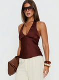 Remarkable Satin Plunge Neck Top Chocolate