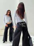 Ribbon Stamp Low Rise Wide Leg Jeans Washed Black