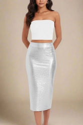 High Waist Leather Pencil Skirt Midi Length Metallic Silver