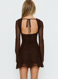 Evita Long Sleeve Pleat Mini Dress Chocolate