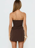 Mikena Strapless Belt Mini Dress Brown Pinstripe