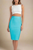 Pencil High Waist Bandage Knee Length Knitted Skirt Turquoise Blue