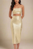 High Waist Leather Pencil Skirt Midi Length Gold