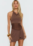 Loriana Cowl Neck Sheer Playsuit Mocha