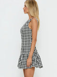 Kolbie Boat Neck Frill Mini Dress Black White Check