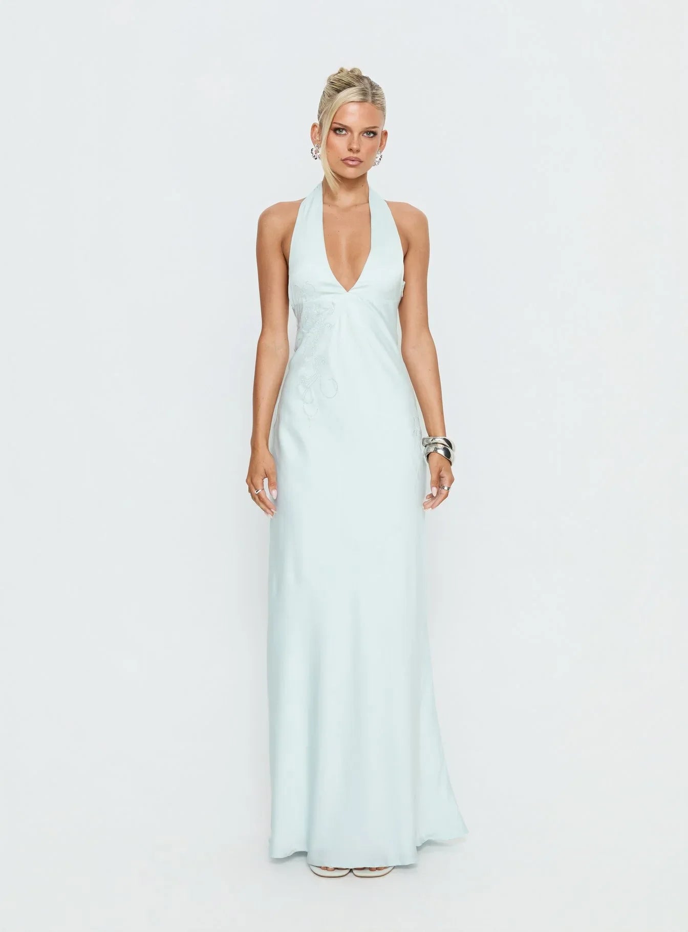 Strawberry Clouds Hotstone Satin Maxi Dress Icy Blue