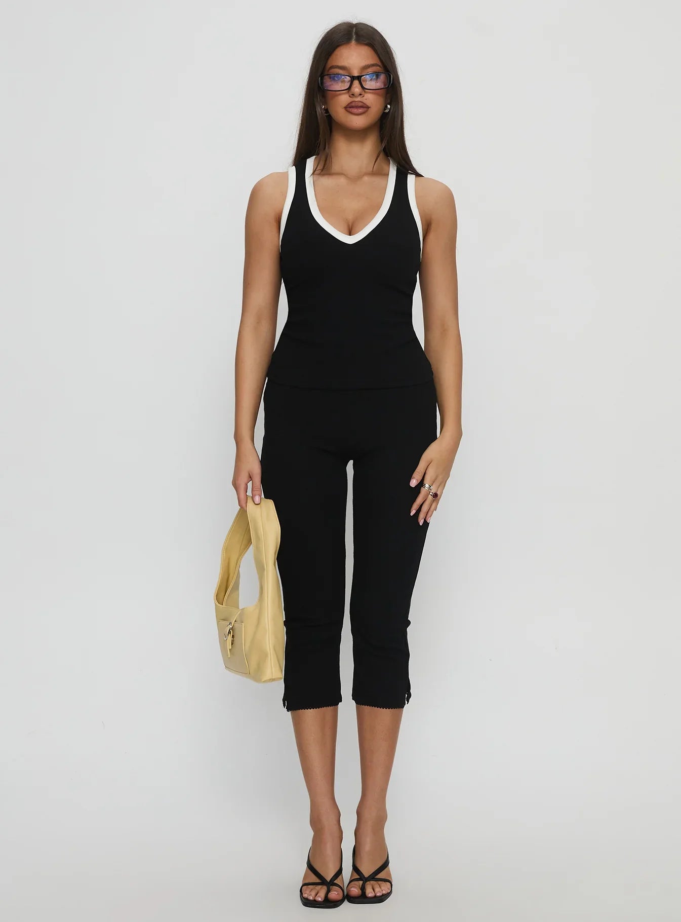 Baseline V Neck Rib Tank Top Black White