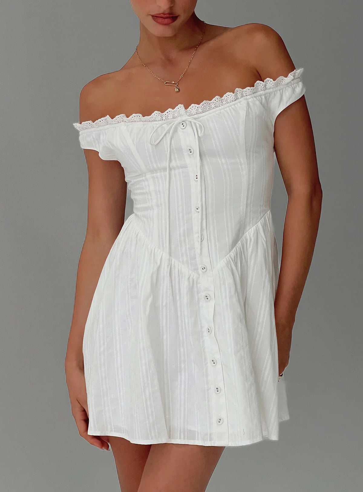 White Horse Off The Shoulder Mini Dress White
