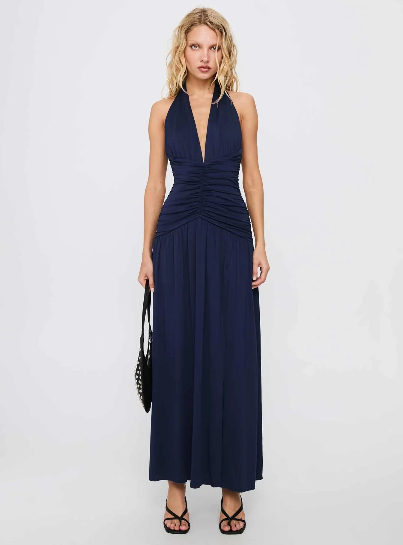 Diona Halter Ruched Maxi Dress Navy