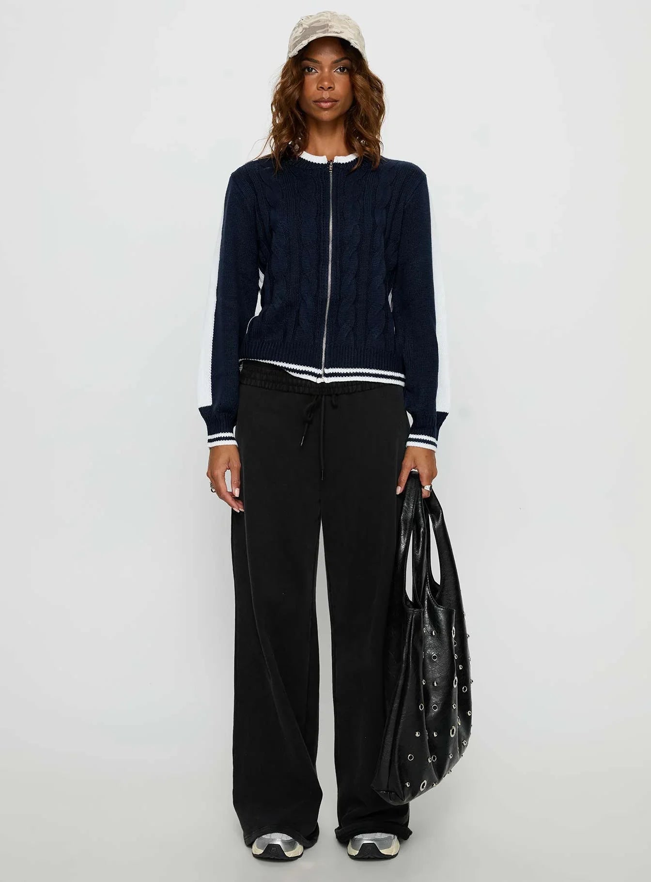 Tevyn Cable Knit Zip Through Knit Sweater Blue Cream