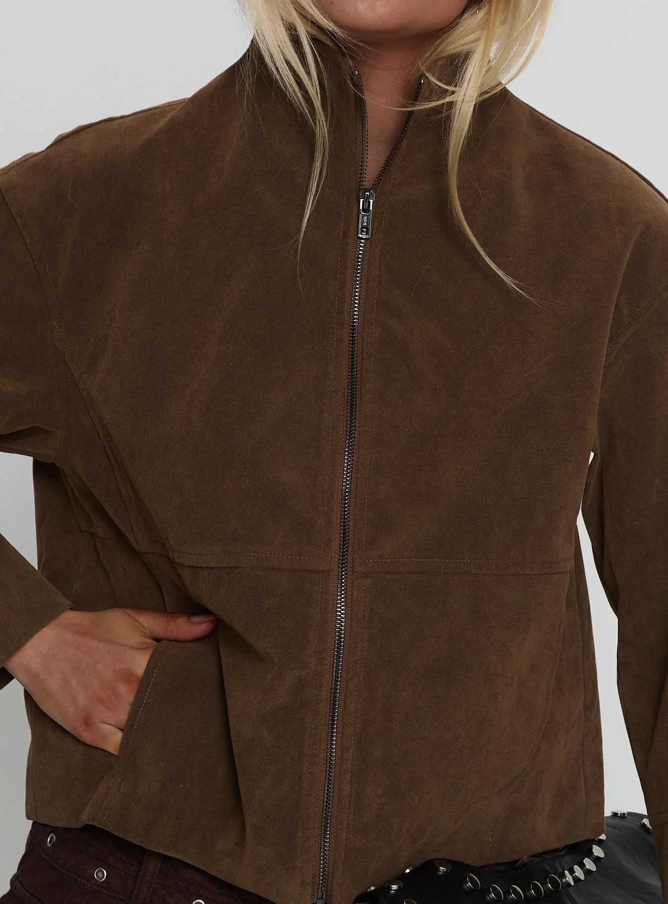 Jessalynn Faux Suede Zip Through Jacket Brown