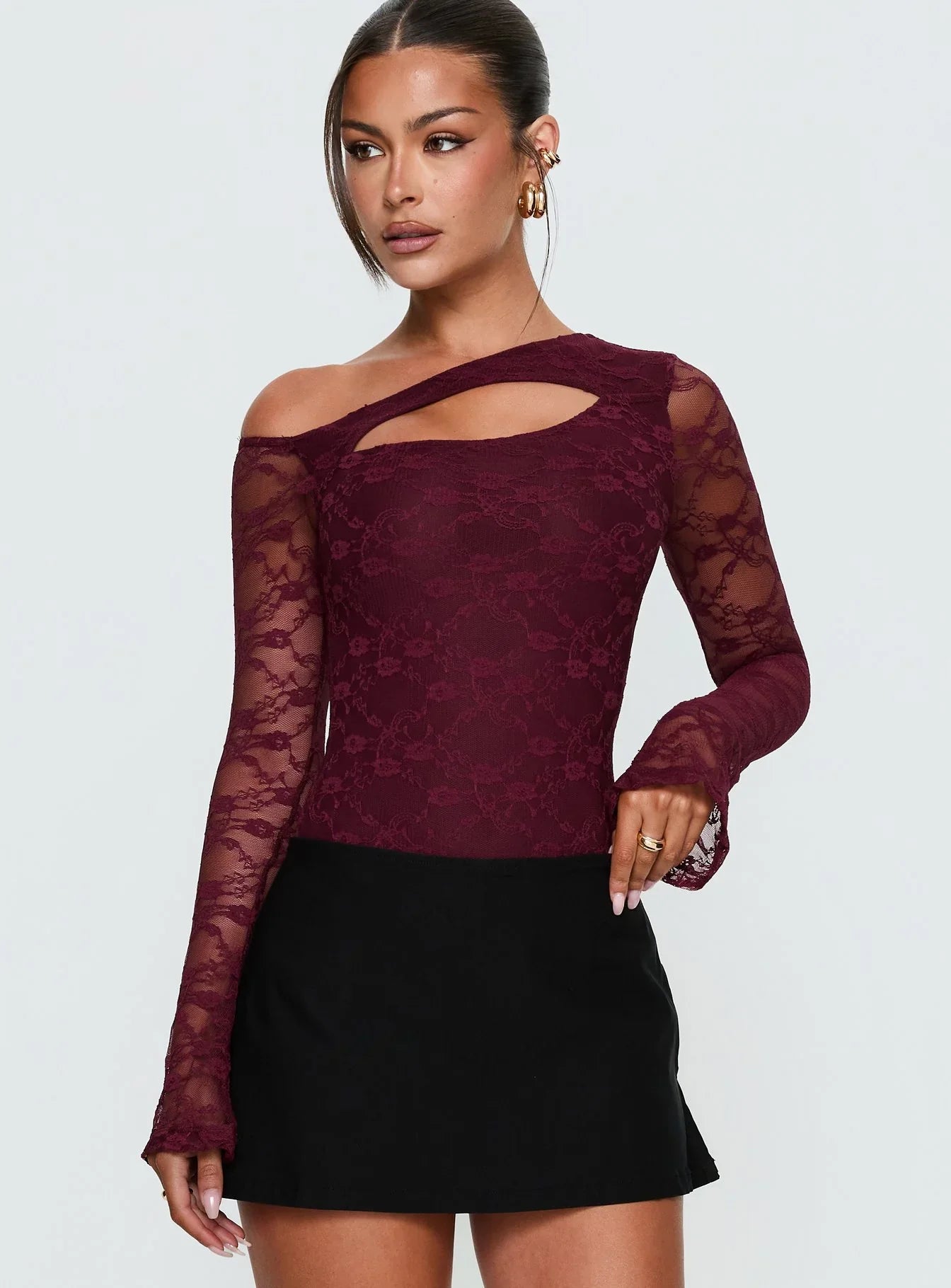 Macaria Long Sleeve Lace Bodysuit Red
