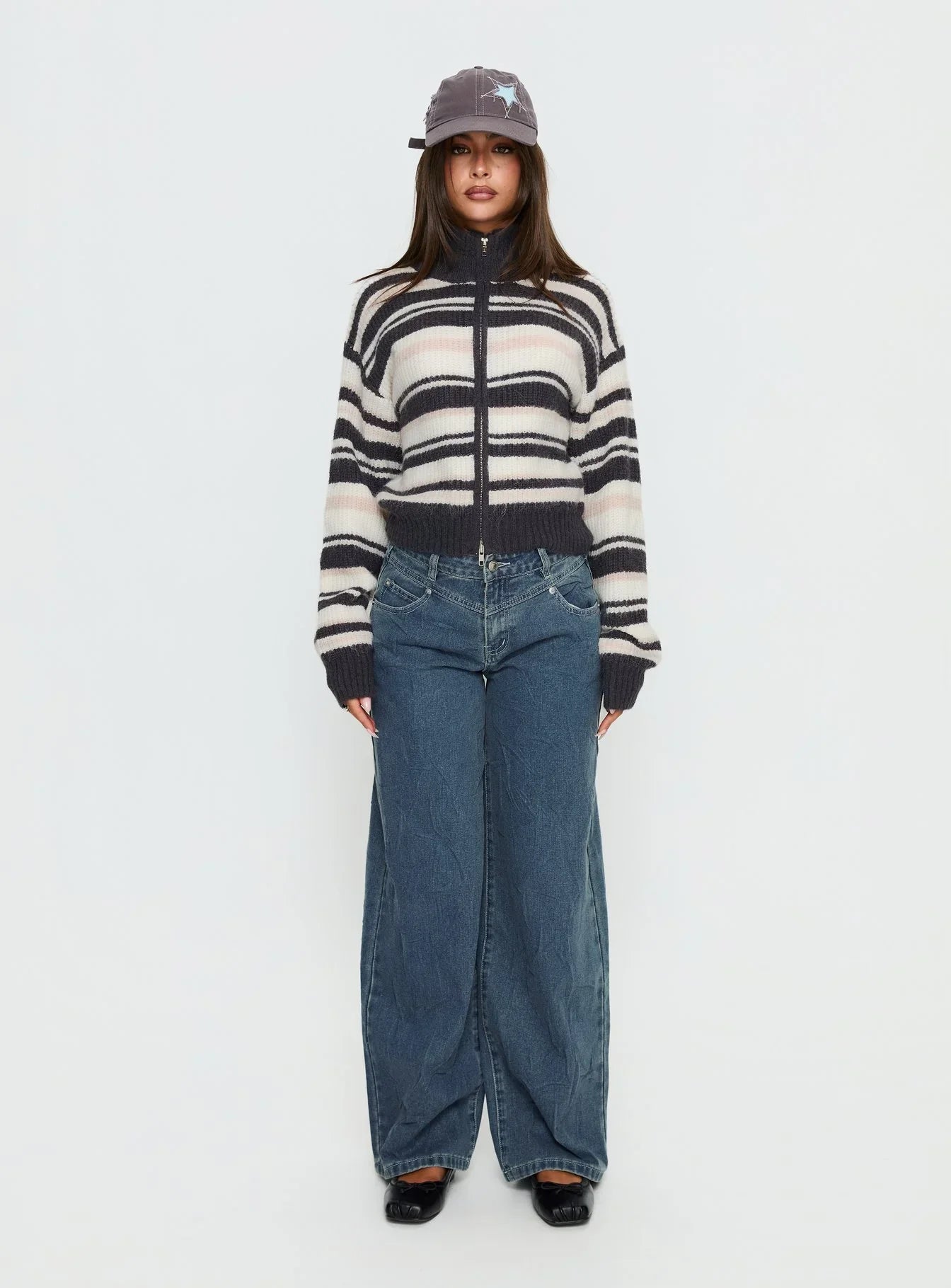 Tetra Zip Through Knit Sweater Pink Stripe