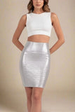 High Waist Leather Pencil Skirt Mini Length Metallic Silver