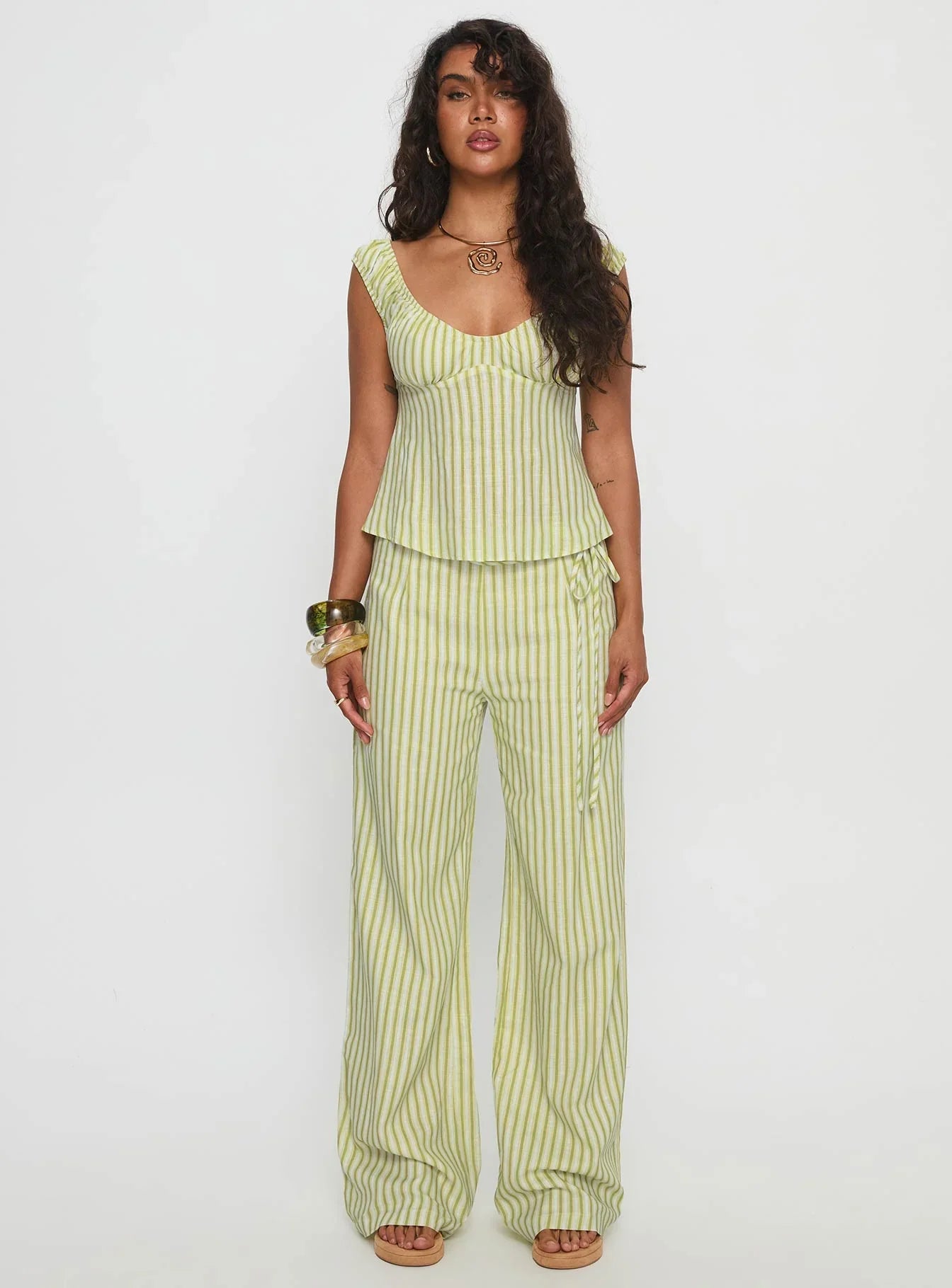 With Pleasure Tie Side Pant Green Blue Stripe