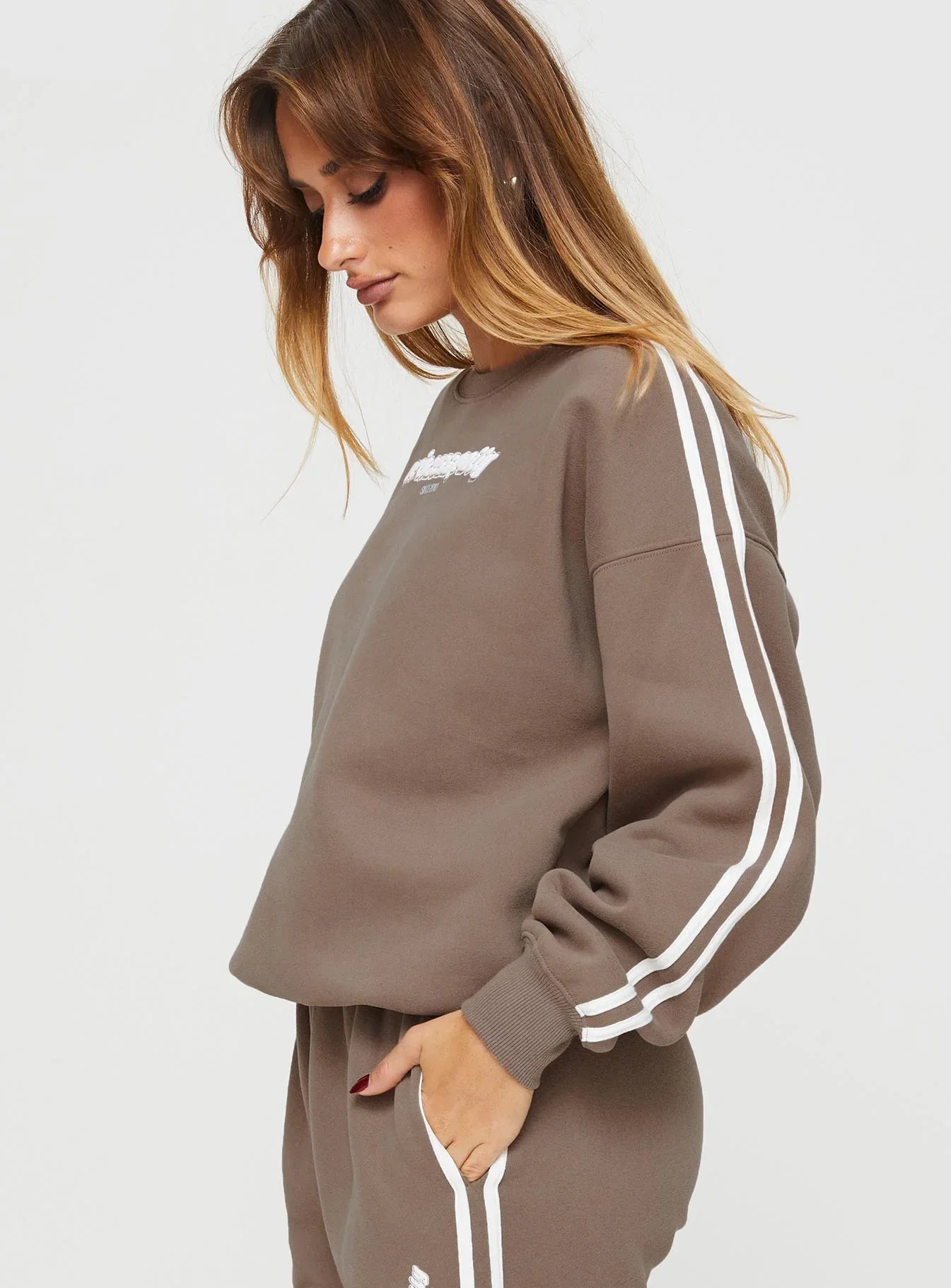 Princess Polly Crew Neck Sweatshirt Stripe Taupe White