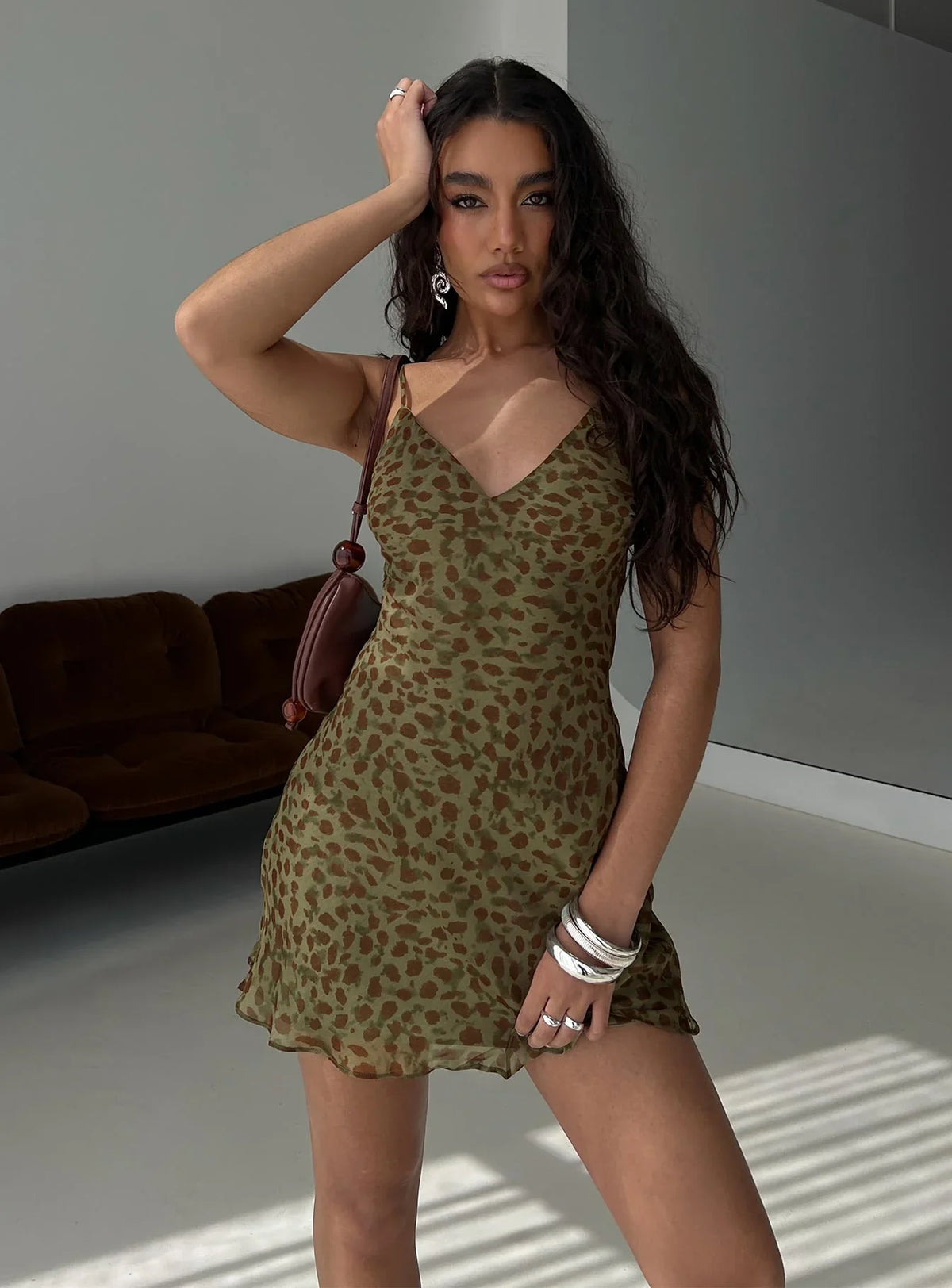 Ailyn V neck Mini Dress Green Leopard